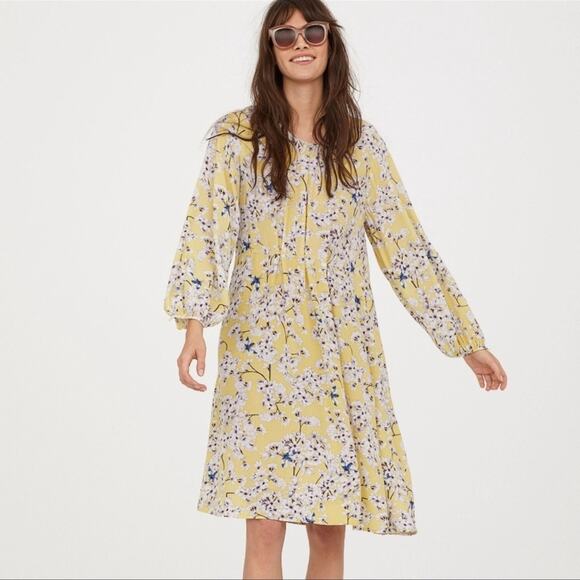 ANNA GLOVER x H&M Yellow Floral Print Midi Dress Size 4 Long Sleeve - Picture 1 of 9